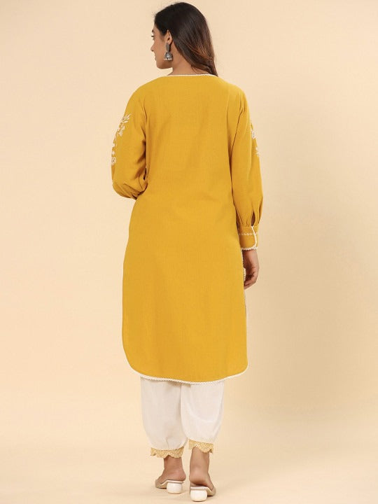 Yellow Cotton Schifflie Designer Kurta Pant Set