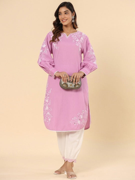 Cotton Purple Schifflie Designer Kurta Pant Set