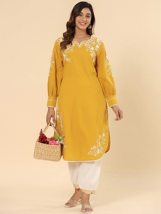 Yellow Cotton Schifflie Designer Kurta Pant Set