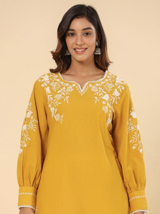 Yellow Cotton Schifflie Designer Kurta Pant Set