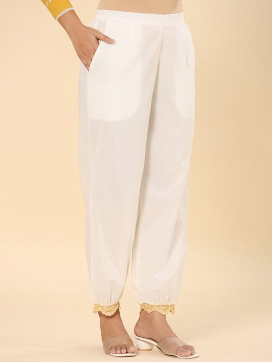 Yellow Cotton Schifflie Designer Kurta Pant Set