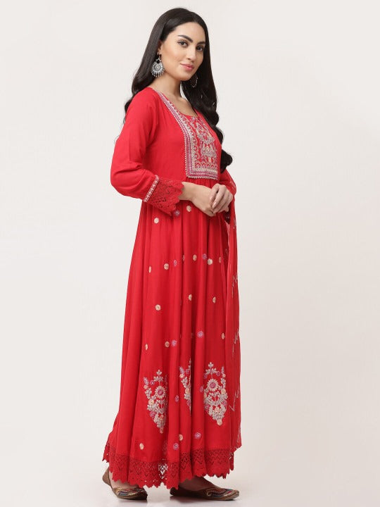 Red Embroidered Gathered Kurta Pant Set With Dupatta