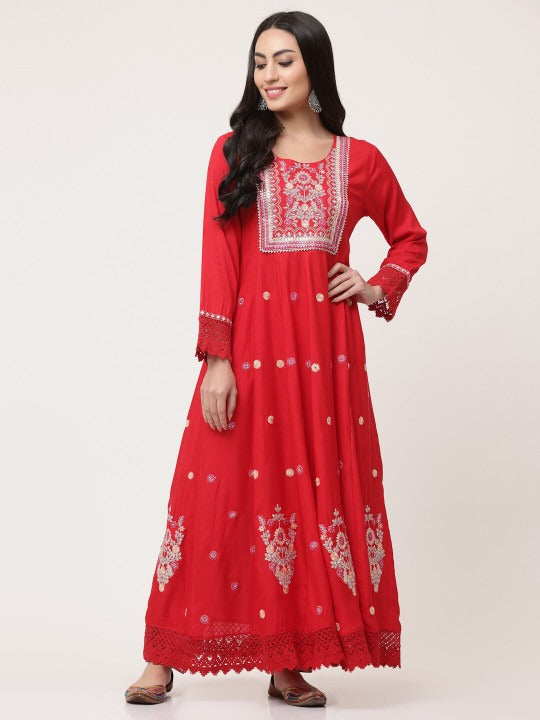 Red Embroidered Gathered Kurta Pant Set With Dupatta