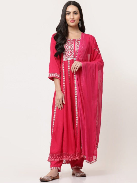 Red Embellished Gathered Kurta Pant Set With Dupatta