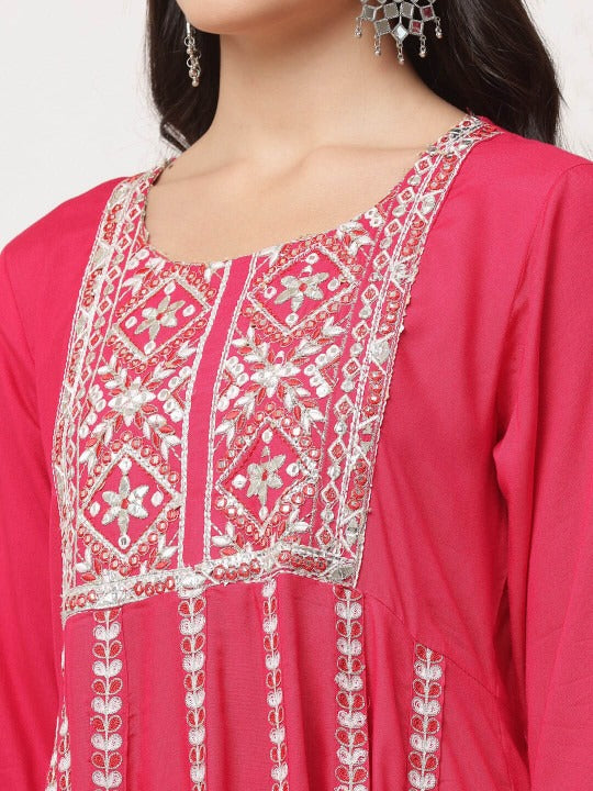 Red Embellished Gathered Kurta Pant Set With Dupatta