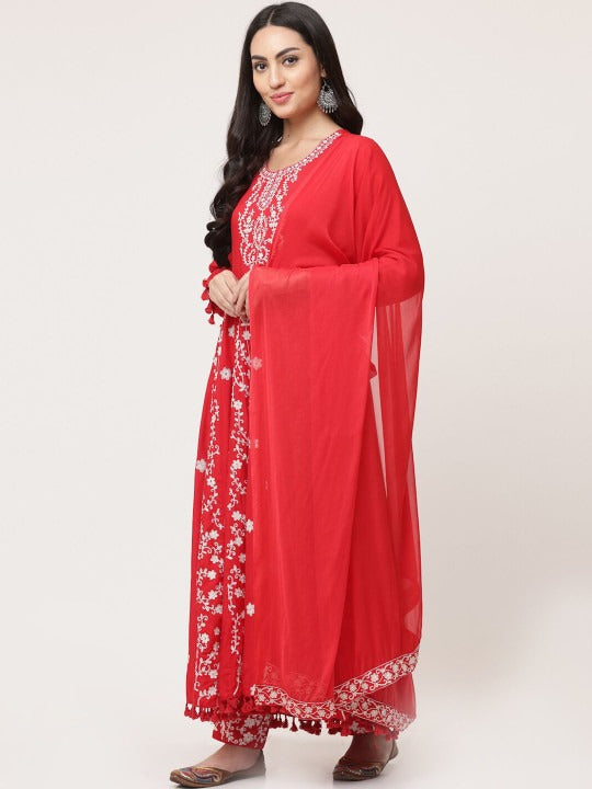 Red Embroidered Gathered Kurta Pant Dupatta Set