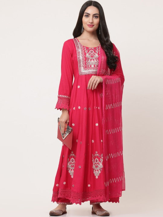 Red Gathered Kurta Pant Set With Dupatta