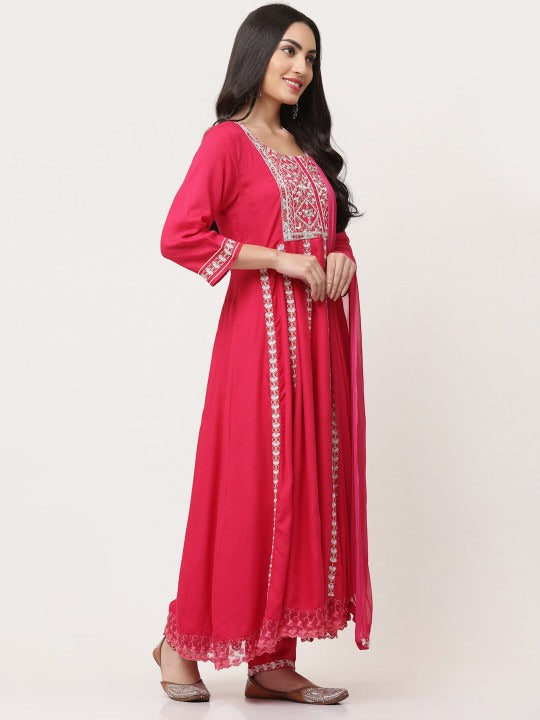 Red Embellished Gathered Kurta Pant Set With Dupatta