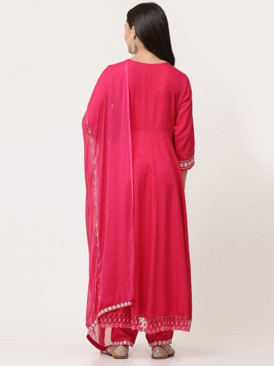 Red Embellished Gathered Kurta Pant Set With Dupatta