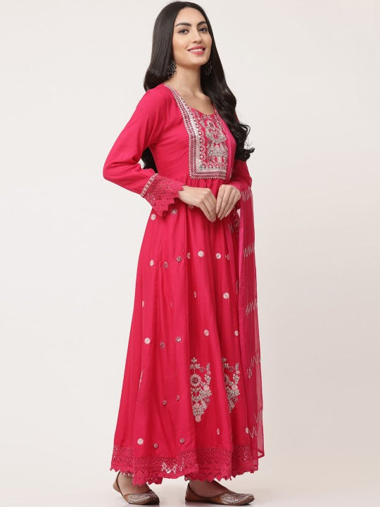 Red Gathered Kurta Pant Set With Dupatta