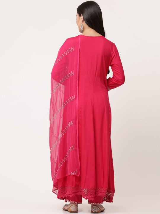 Red Gathered Kurta Pant Set With Dupatta