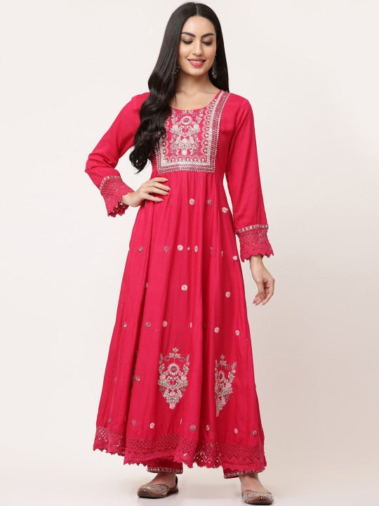 Red Gathered Kurta Pant Set With Dupatta