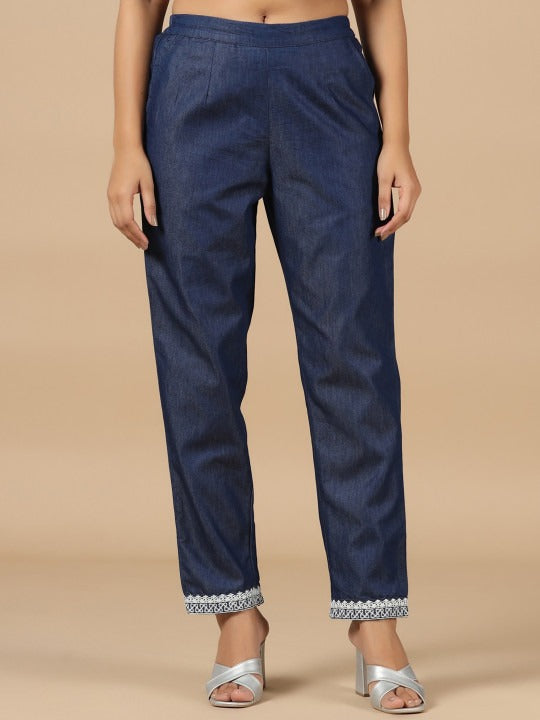 Denim Blue Embroidered Straight Pant