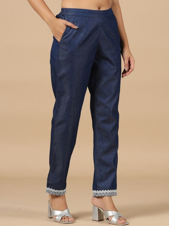 Denim Blue Embroidered Straight Pant
