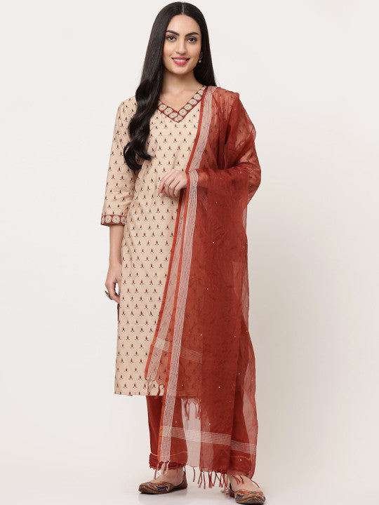 Beige And Rust Designer Kurta Pant With Dupatta Set