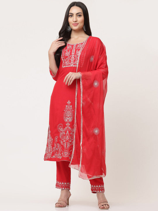 Red Embroidered Designer Kurta And Trousers Set With Dupatta