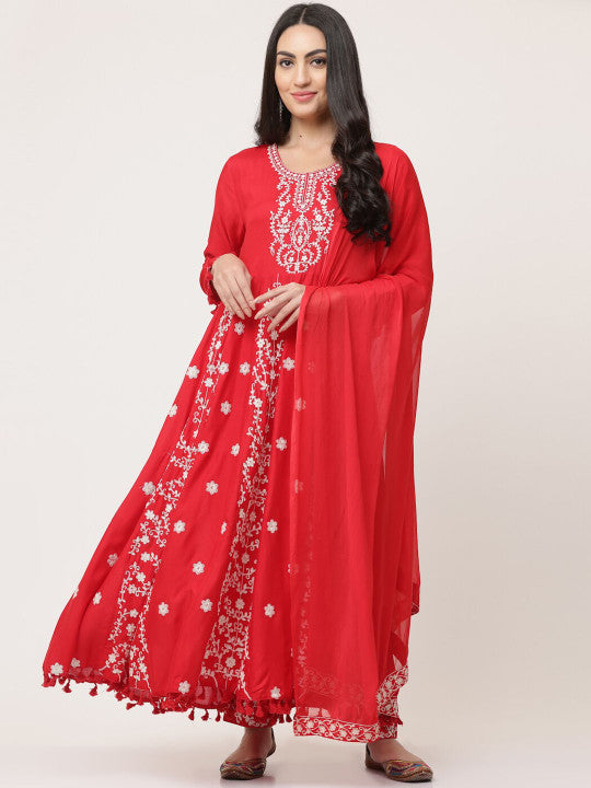 Red Embroidered Gathered Kurta Pant Dupatta Set