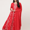 Red Embroidered Gathered Kurta Pant Dupatta Set