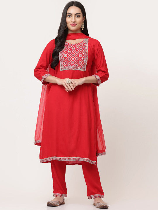 Red Embellished Designer Kurta Pant Set With Dupatta