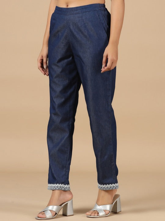 Denim Blue Embroidered Straight Pant