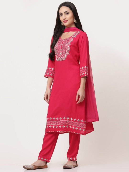 Red Embroidered Designer Kurta Pant with Dupatta Set
