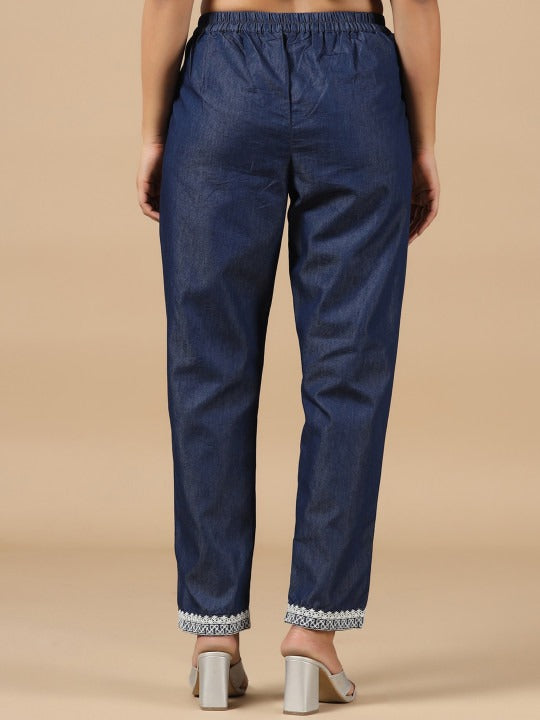 Denim Blue Embroidered Straight Pant