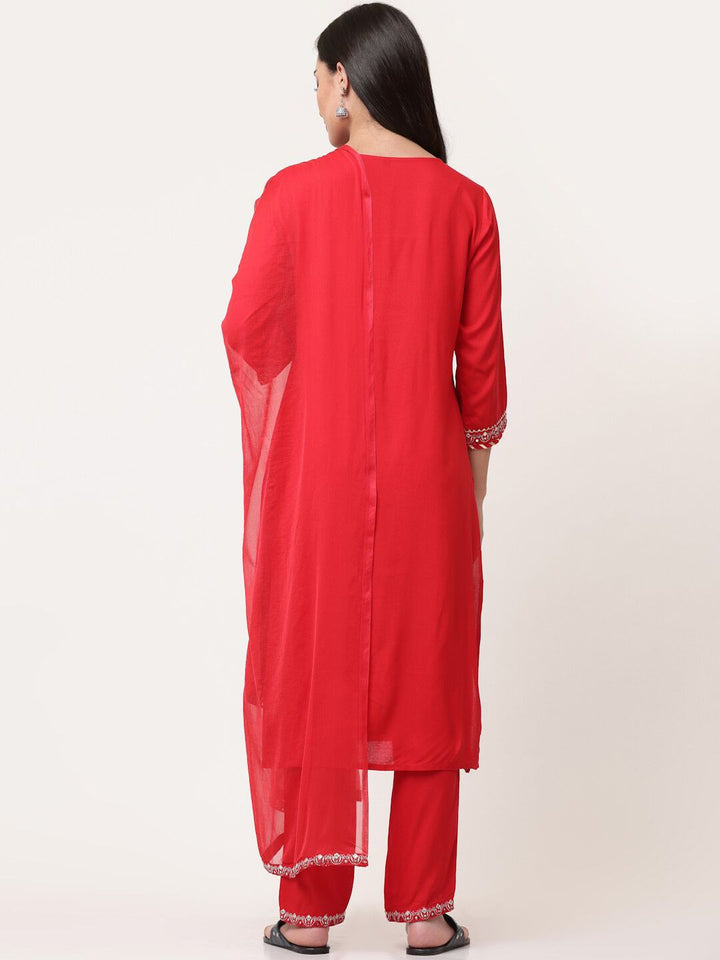 Red Embroidered Designer Kurta Pant Set With Dupatta