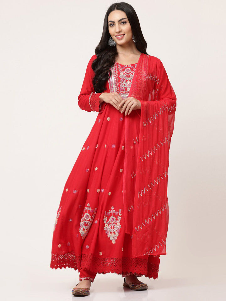Red Embroidered Gathered Kurta Pant Set With Dupatta