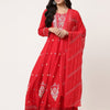 Red Embroidered Gathered Kurta Pant Set With Dupatta