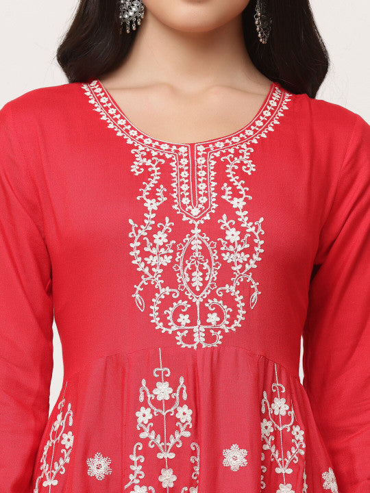Red Embroidered Gathered Kurta Pant Dupatta Set