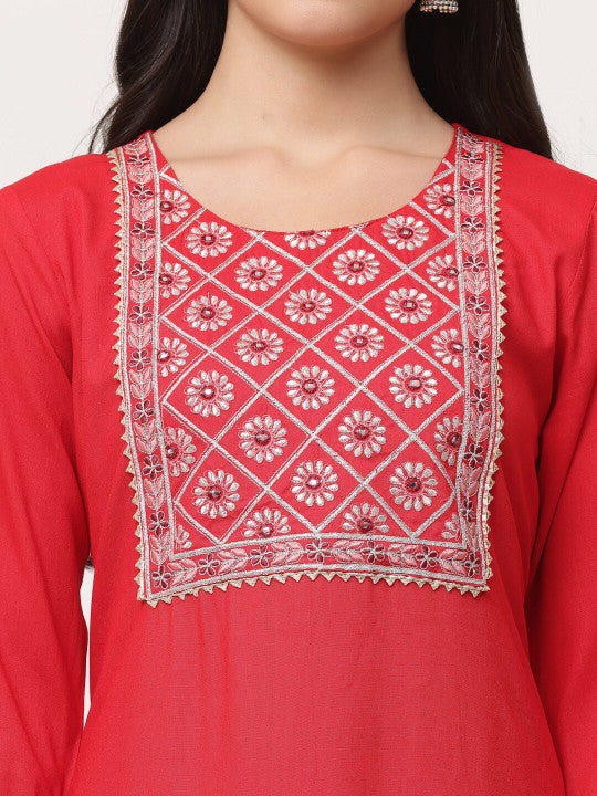 Red Embellished Designer Kurta Pant Set With Dupatta