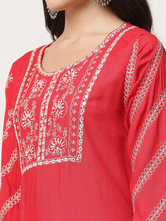 Red Embroidered Designer Kurta And Trousers Set With Dupatta