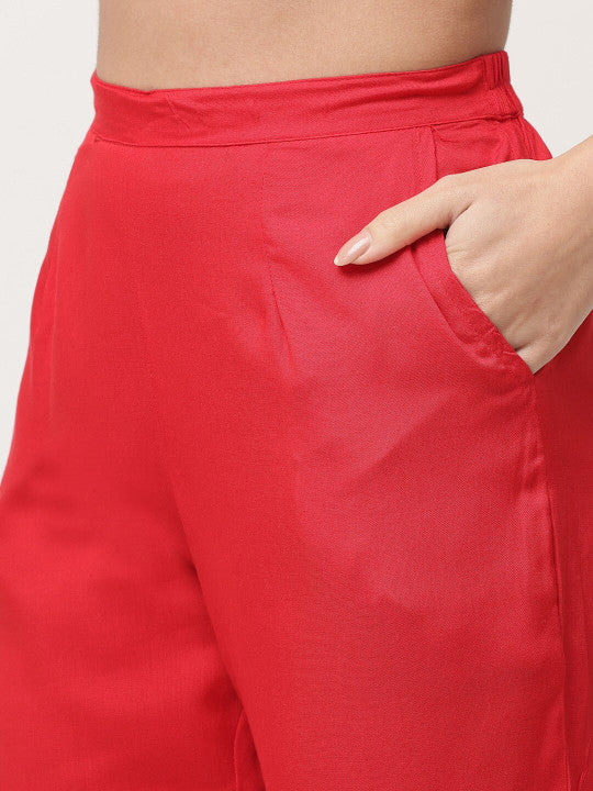 Red Embroidered Gathered Kurta Pant Dupatta Set