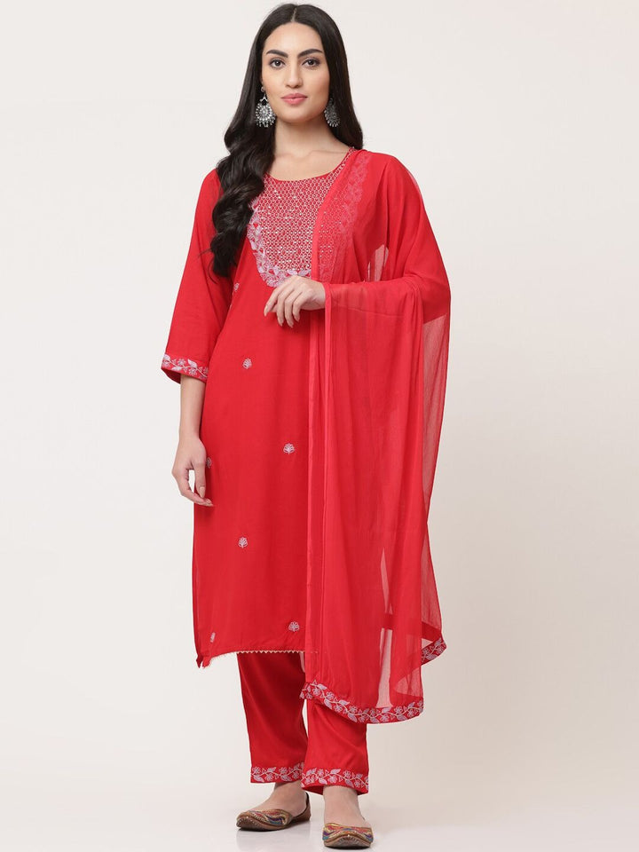 Red Embroidered Designer Kurta Pant Set With Dupatta