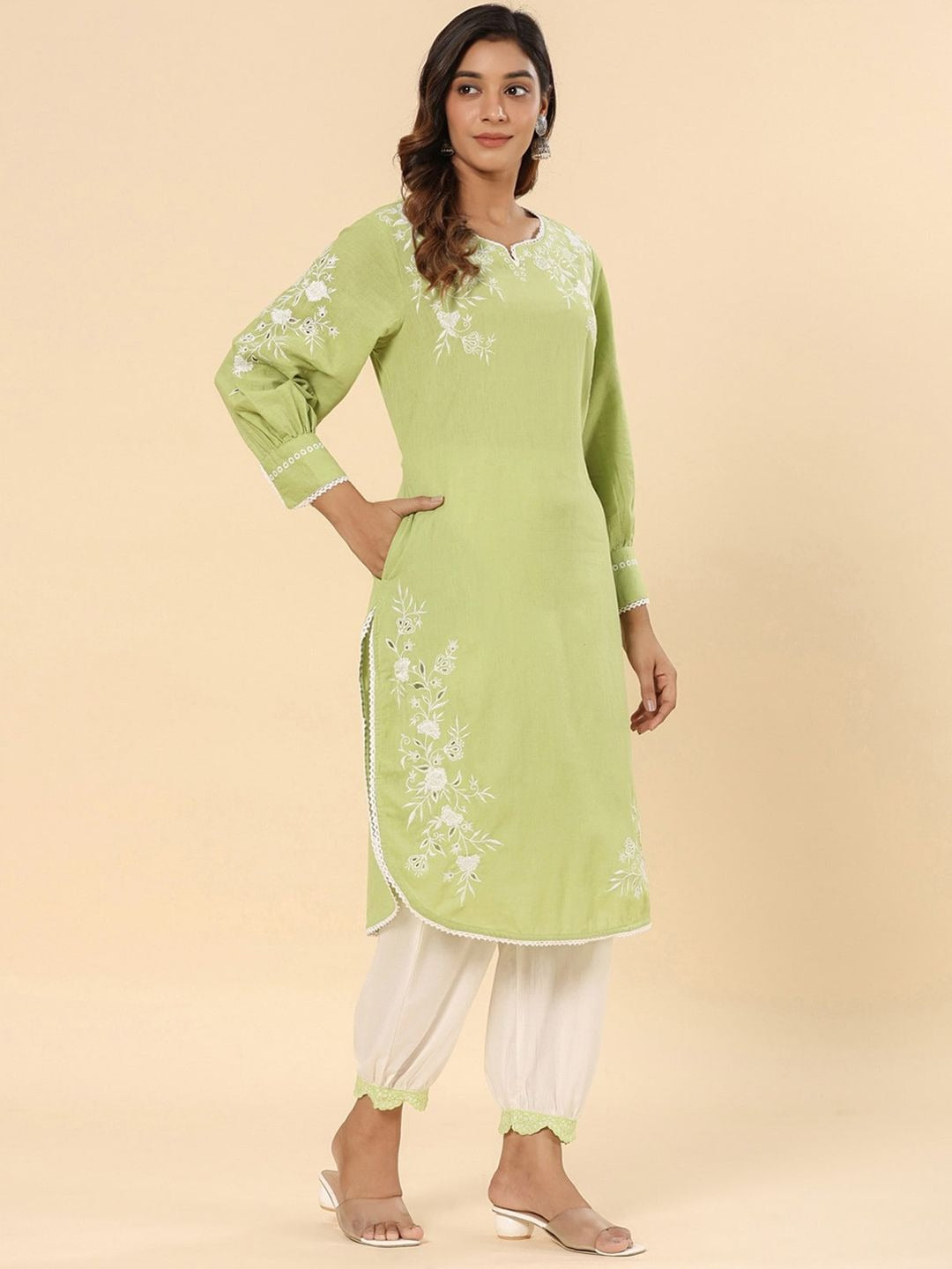 Green Cotton Schifflie Designer Kurta Pant Set