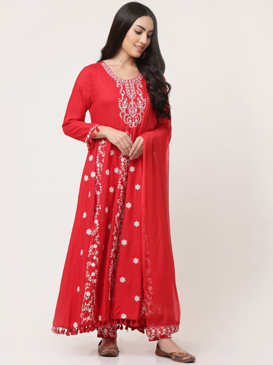 Red Embroidered Gathered Kurta Pant Dupatta Set