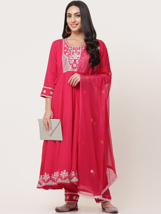 Red Embellished Gathered Kurta Pant Dupatta Set