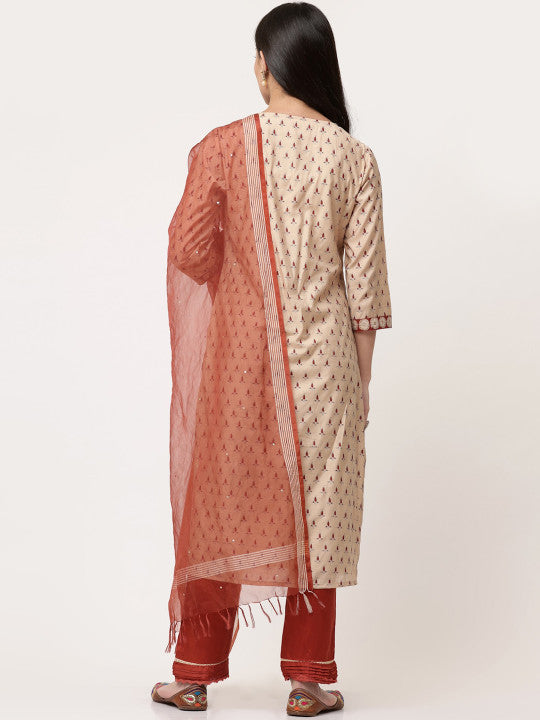 Beige And Rust Designer Kurta Pant With Dupatta Set