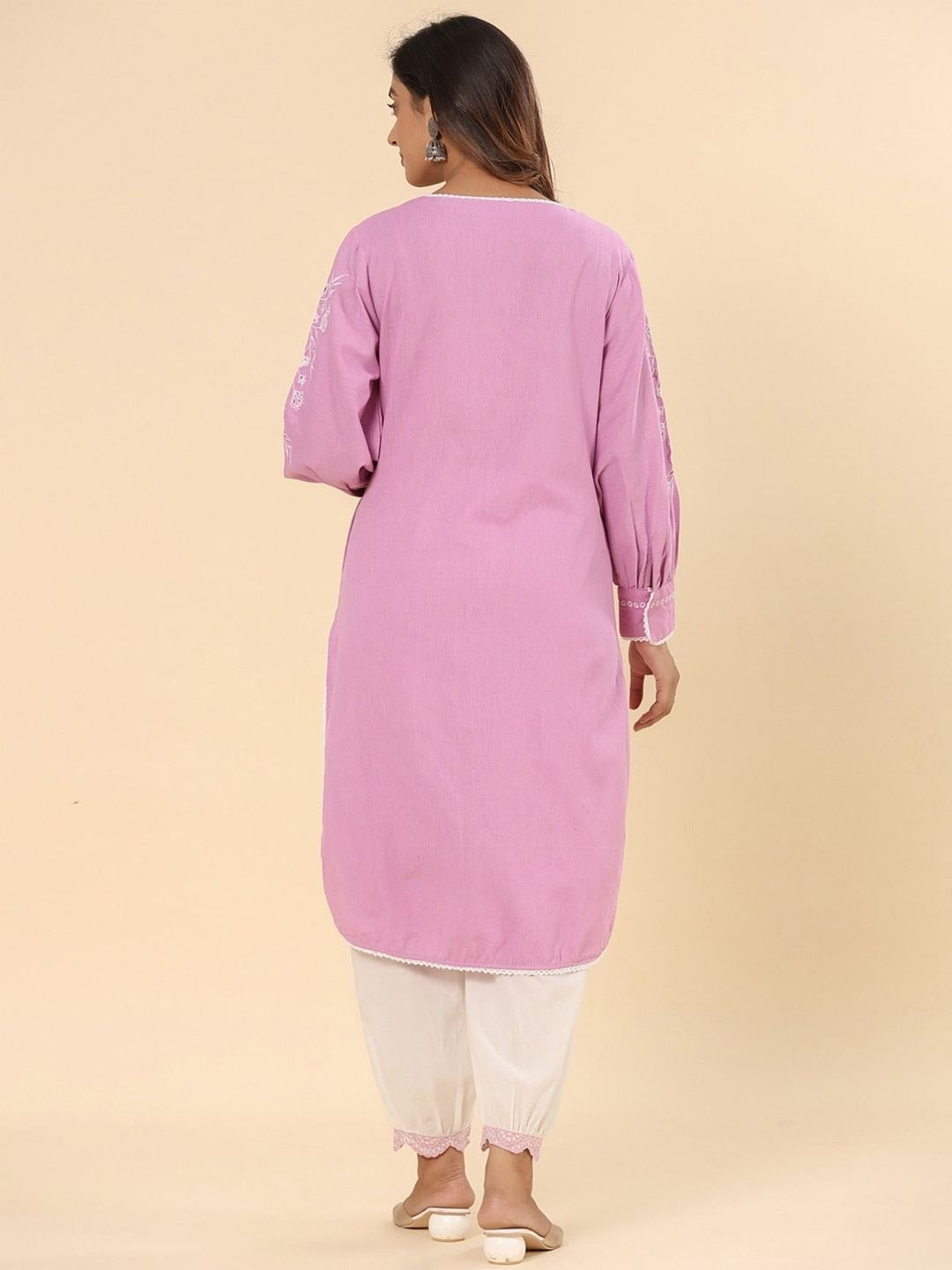 Cotton Purple Schifflie Designer Kurta Pant Set