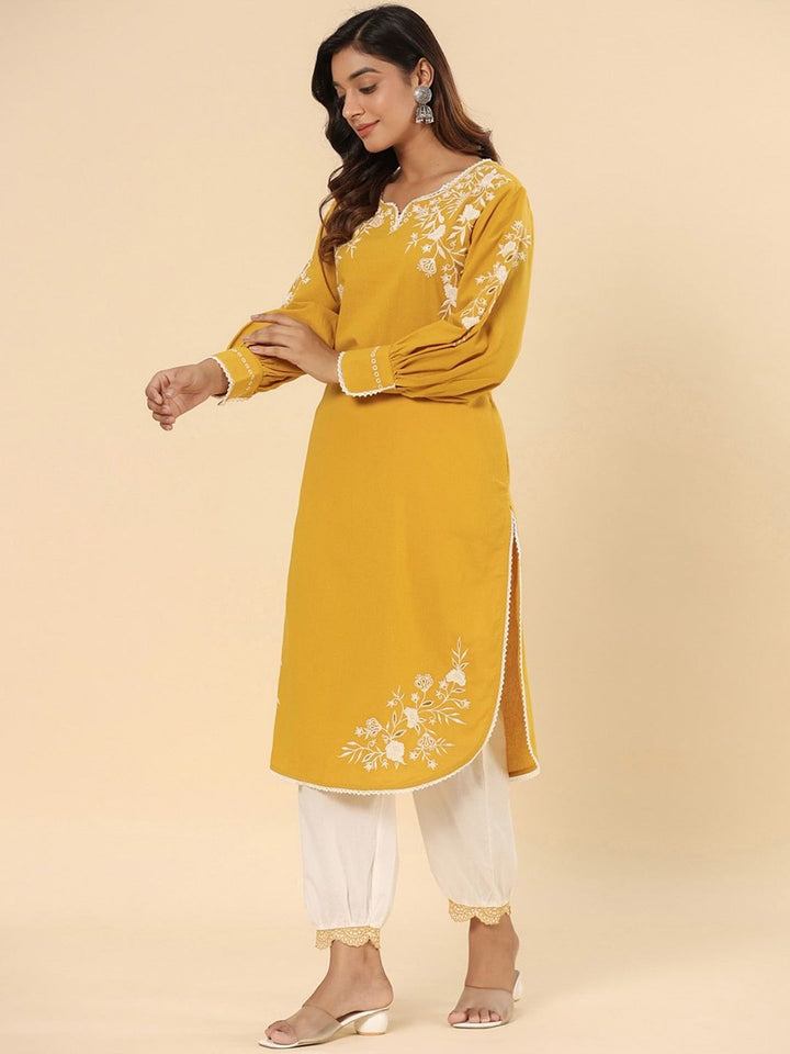Yellow Cotton Schifflie Designer Kurta Pant Set