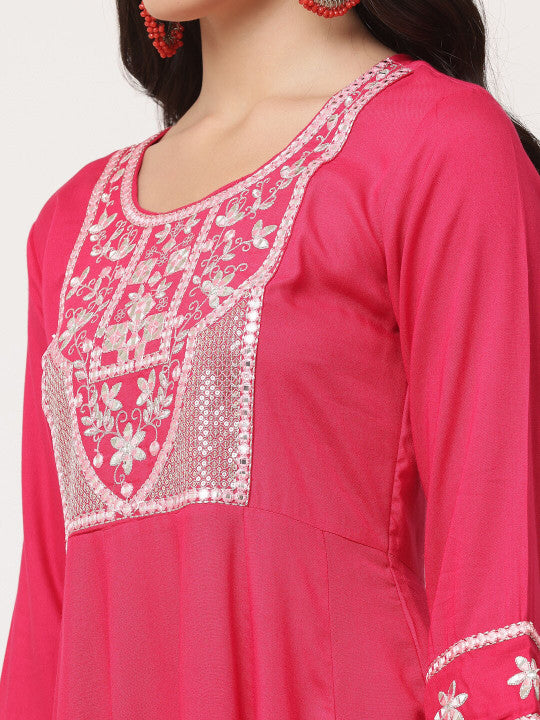 Red Embellished Gathered Kurta Pant Dupatta Set