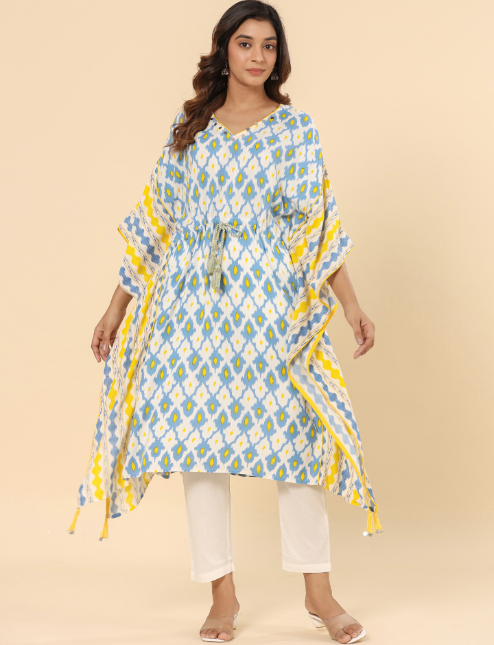 Rayon Blue and White Printed Tie Up Kaftan