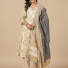 Beige Cotton Printed Embellished Kurta Pant Set With Dupatta