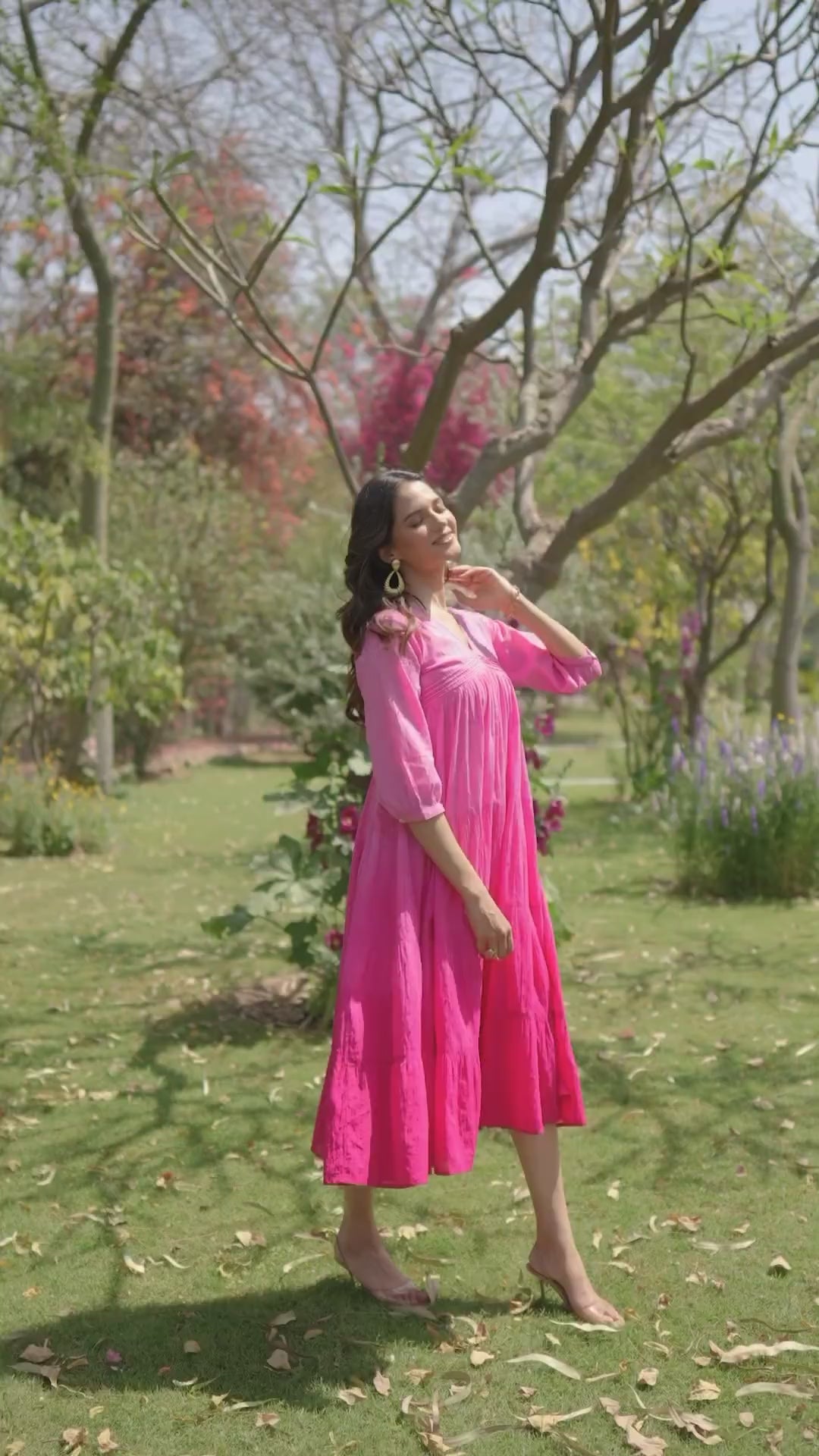 Pink Cotton Dobby Ombre Tiered Designer Dress