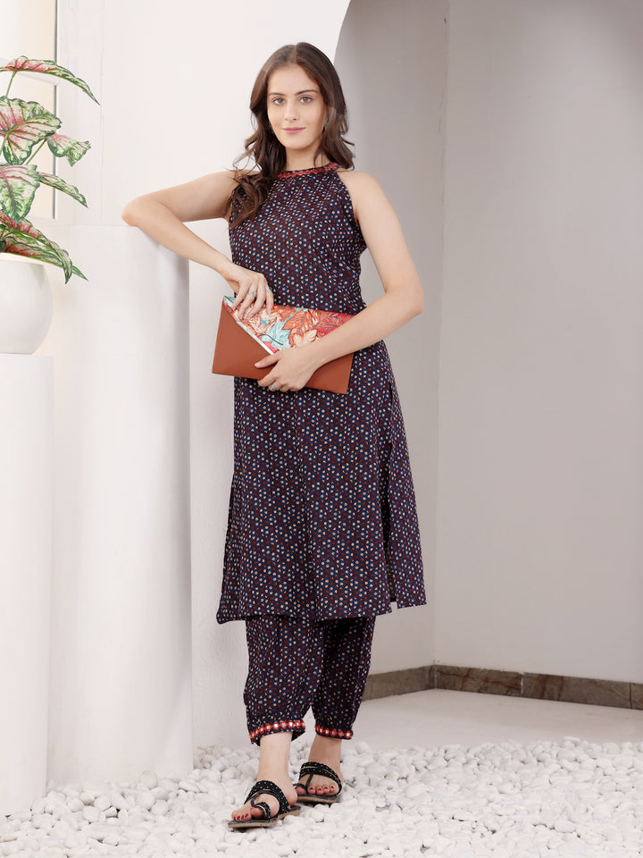 Purple Cotton Printed Sleeveless trendy Kurta Pant Set