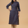 Blue Cotton Printed Mandarin Collar Kurta