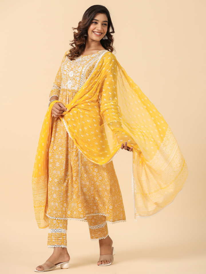 Yellow Cotton Hand Block Printed Embroidered A Line Kurta Pant Set with Dupatta