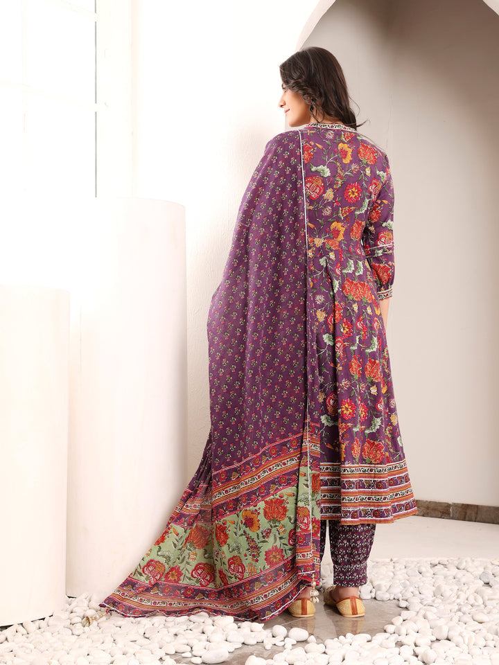 Purple Cotton Printed Embellished Designer Angrakha Suit Set