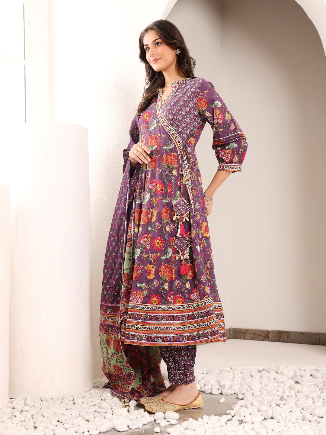 Purple Cotton Printed Embellished Designer Angrakha Suit Set