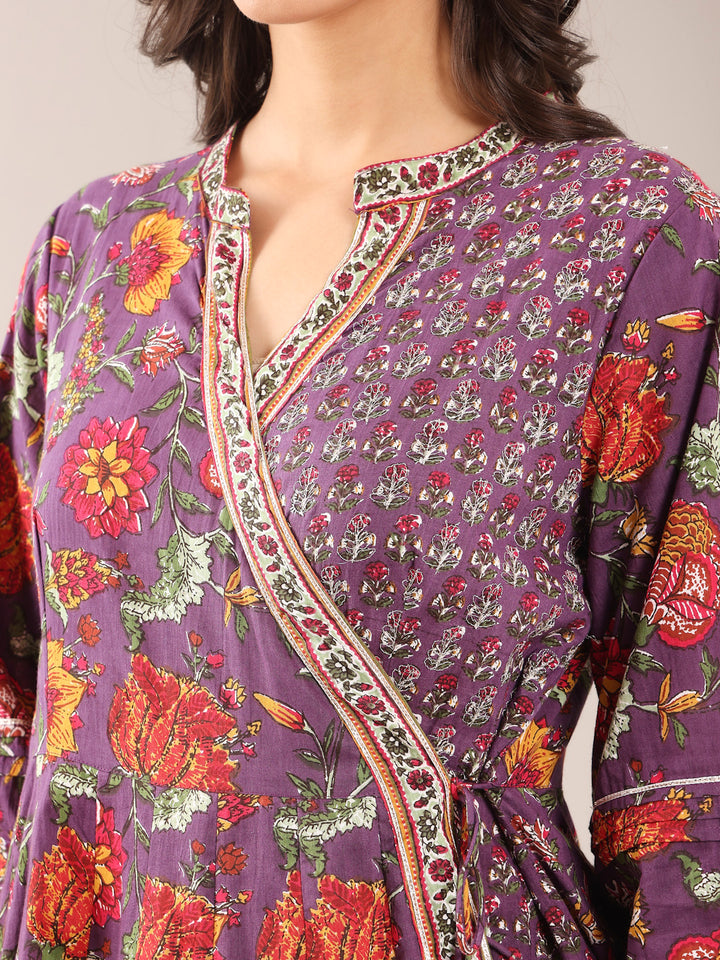 Purple Cotton Printed Embellished Designer Angrakha Suit Set